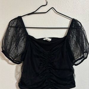 H&M Black Puff Sleeve Ruched Crop Blouse